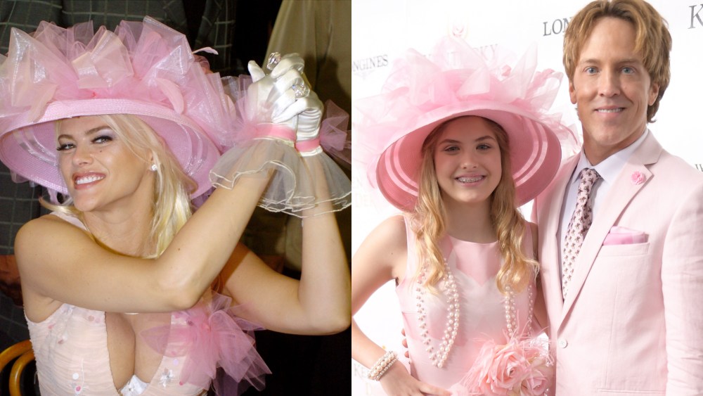 Anna Nicole Smith at the Kentucky Derby in 2004; Larry Birkhead and Dannielynn Birkhead at the Kentucky Derby in 2024.