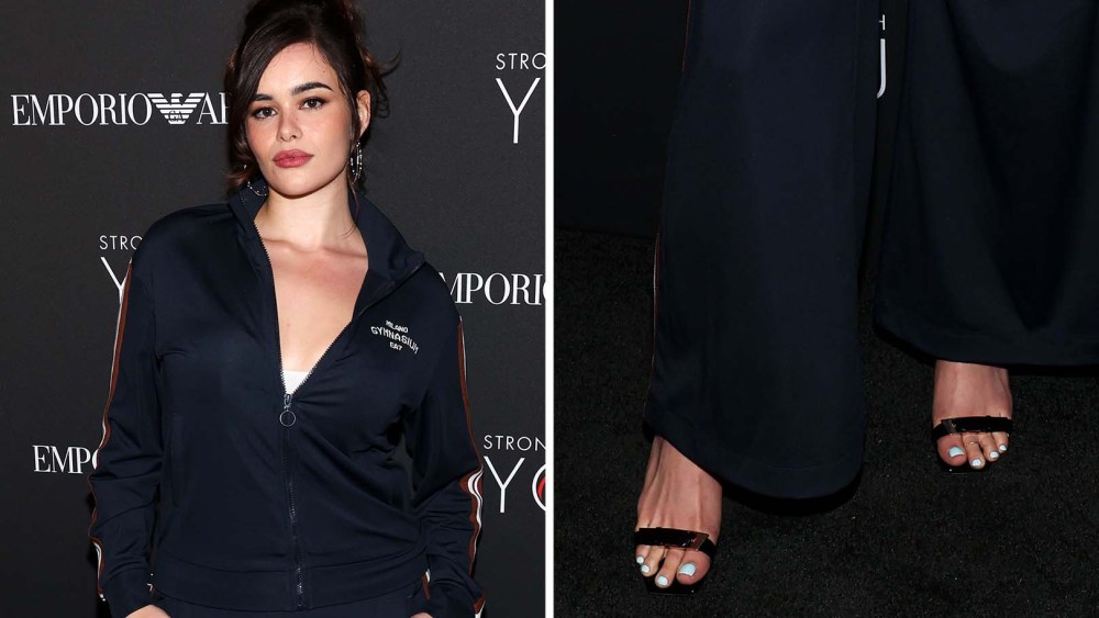Barbie Ferreira elevates athleisure at the Emporio Armani Fragrances Stronger With You Launch Event in EA7 tracksuit and strappy sandals with a low block heel on May 22, 2025 in Venice, Calif., sandals, pedicure