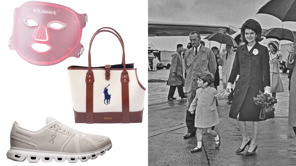 top gifts for wives for 2025 over a white background, including led face mask, pet bag, and on running sneaker; jackie kennedy hand in hand with son son John F. Kennedy Jr., circa 1965