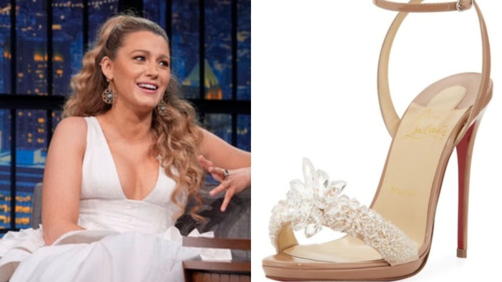 Blake Lively, Christian Louboutin, sandal heels, crystal, Christopher John Rogers, dress, "Late Night with Seth Meyers"