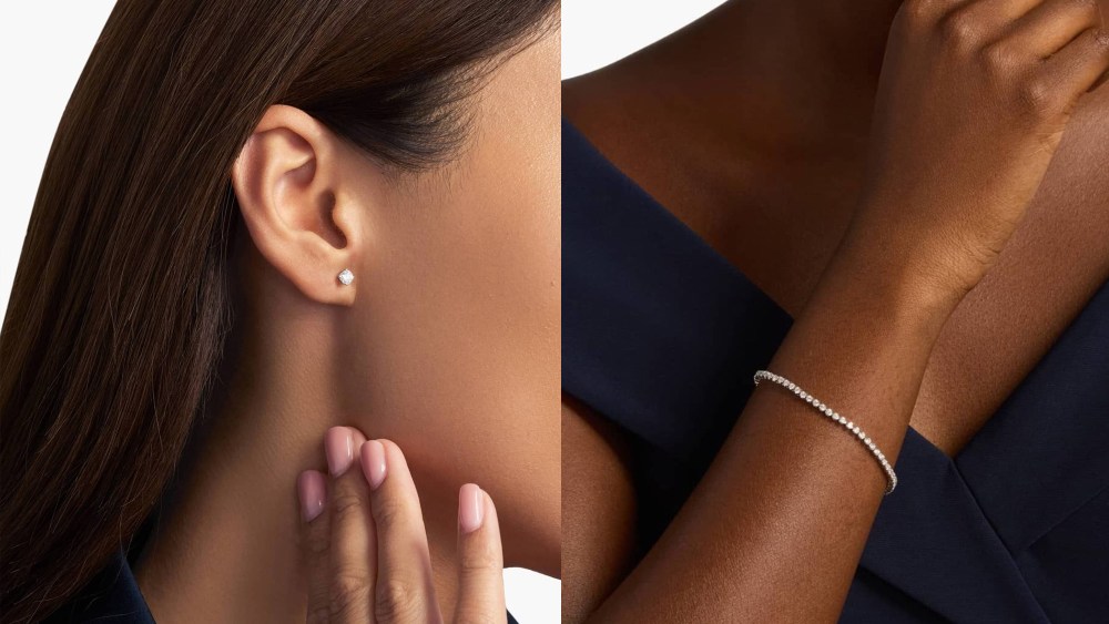 woman modeling blue nile's diamond studs; woman modeling blue nile's diamond tennis bracelet