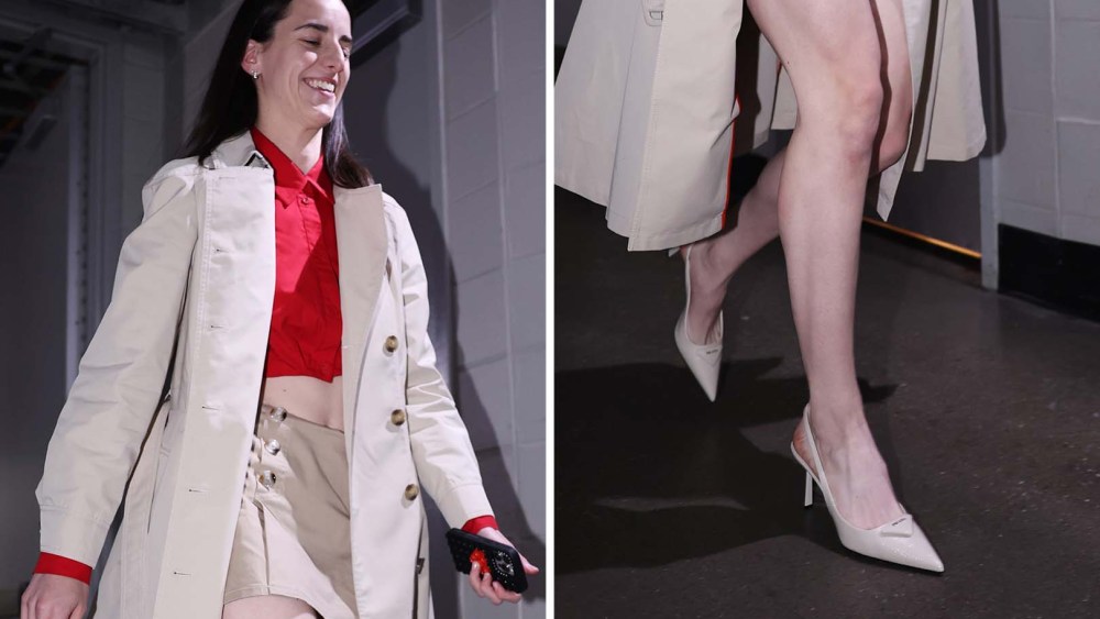 WNBA player, Caitlin Clark, wears GapStudio Collection 01 Tailored Trench Coat, GapStudio Collection 01 khaki Twill Sailor Skort and custom GapStudio red Poplin Cropped Shirt designed by Gap Inc’s Executive Vice President and Creative Director, Zac Posen, during the Indiana Fever versus Atlanta Dream game tunnel walk.
