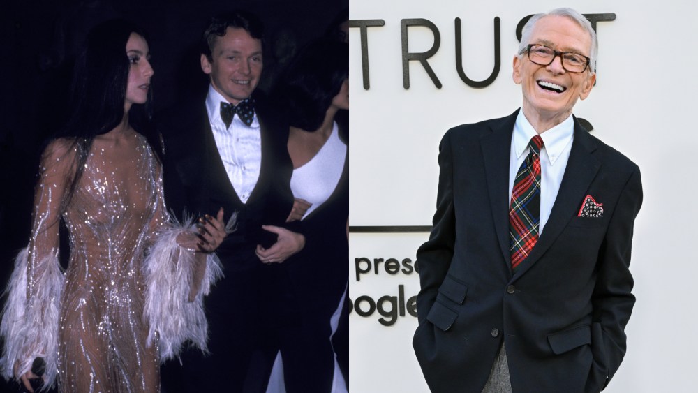 Cher and Bob Mackie in 1974, Bob Mackie in 2024.