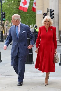 LONDON, ENGLAND - MAY 06: King Charles III and Queen Camilla arrive at the Sainsbury Wing during a visit to The National Gallery on May 06, 2025 in London, England. To mark the second anniversary of their Coronation, The King and Queen will unveil their official Coronation State Portraits by Peter Kuhfeld and Paul S. Benney, now part of The Royal Collection. The portraits will be revealed in the Central Hall, followed by the reopening of the refurbished Sainsbury Wing. Their Majesties will then tour the space and meet participants in the gallery's outreach education programme. (Photo by Chris Jackson/Getty Images)
