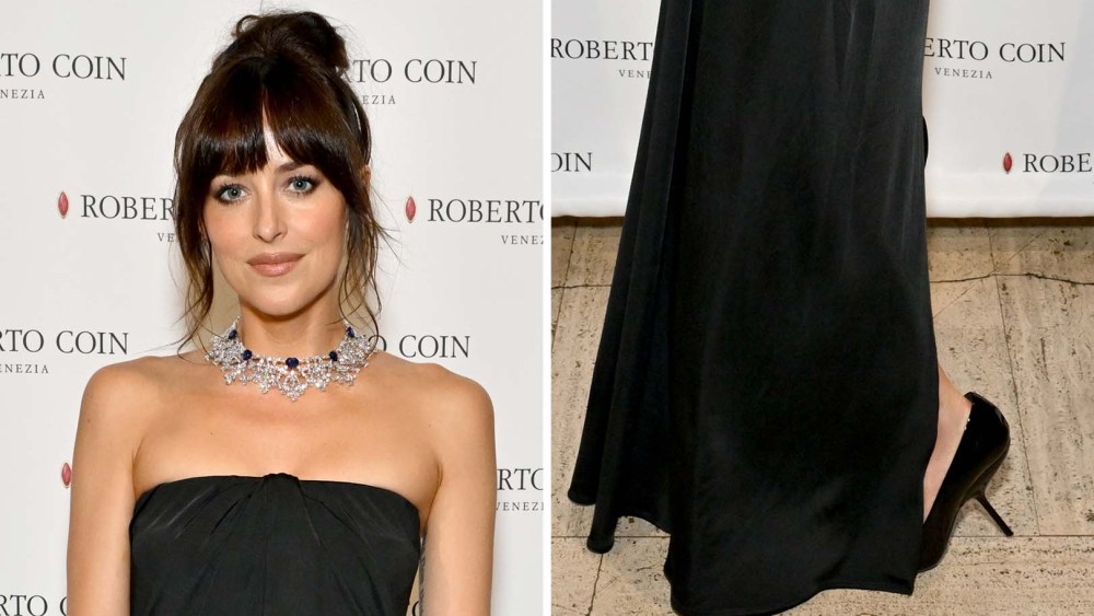 Dakota Johnson in all-black Ferragamo ensemble, including a jersey dress and the Eva Pump.
