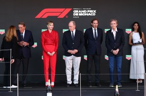 MONTE-CARLO, MONACO - MAY 25: Charlene, Princess of Monaco, Albert II, Prince of Monaco and dignitaries on the podium during the F1 Grand Prix of Monaco at Circuit de Monaco on May 25, 2025 in Monte-Carlo, Monaco. (Photo by Clive Rose/Getty Images)