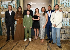 Domhnall Gleeson, Eiza González, Benjamin Chivers, John Krasinski, Natalie Portman, Carmen Ejogo, Laz Alonso, Arian Moayed at Apple's "Fountain of Youth" world premiere held at the American Museum of Natural History on May 19, 2025 in New York, New York.