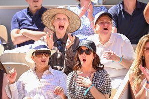 PARIS, FRANCE - MAY 30: Cynthia Nixon, Christine Marinoni,  Sarita Choudhury and Kristin Davis are seen at Roland Garros on May 30, 2025 in Paris, France. (Photo by Stephane Cardinale - Corbis/Corbis via Getty Images)