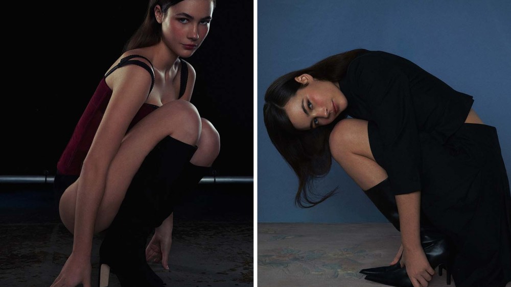 Grace Burns modeling Guizio's ffirst-even in-house footwear collection that centers on a knee-high boot.