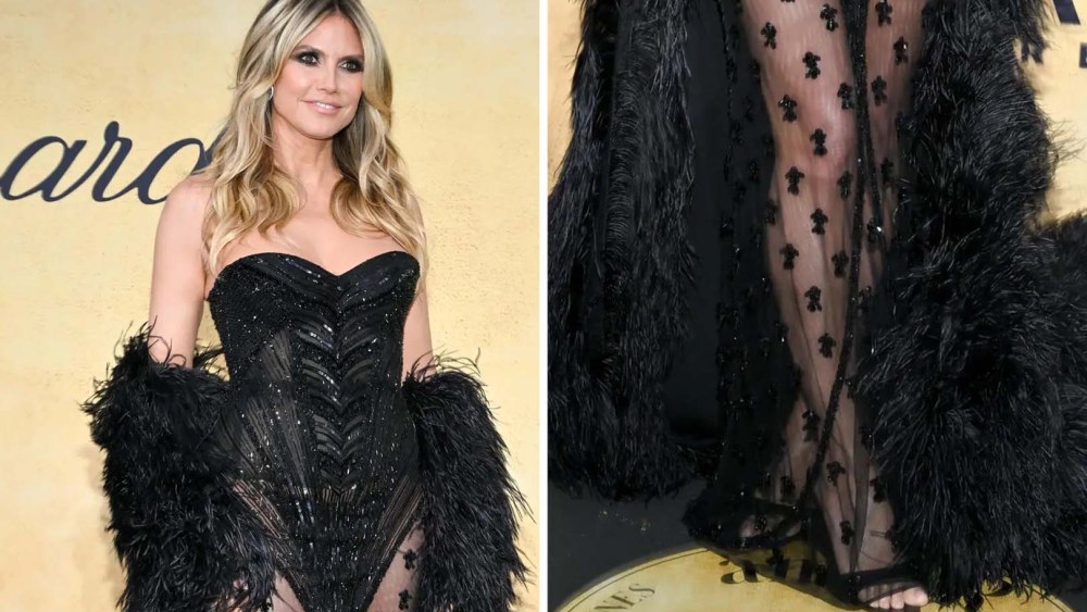 Heidi Klum at the amfAR Gala Cannes 2025 and a closeup of her black sandal stilettos.