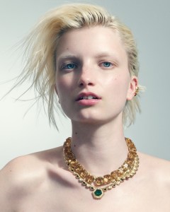 Pamela Zamore Eos collar necklace; State Property Marmara Emerald Bandit necklace; Swarovski crystals, plated rhodium necklace; Nouvel Heritage 18-karat yellow gold and diamond ear cuffs.