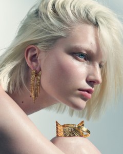 Wyld Box 18-karat yellow gold Ray of Light Majestic cuff and Ray of Light cuff; Khepri Jewels 18-karat and 22-karat yellow gold twin-set pavé fringe drop earrings with fancy-color diamonds.