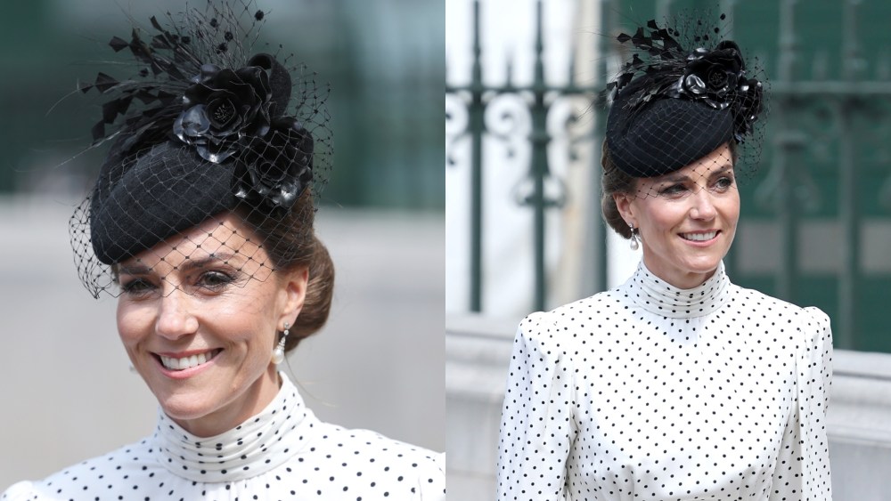 LONDON, ENGLAND - MAY 08: Catherine, Princess of Wales wears Alessandra Rich polka dot dress smiles as she departs the Thanksgiving Service to mark the 80th anniversary of VE Day at Westminster Abbey on May 08, 2025 in London, England. The King and Queen, joined by members of the Royal Family, will take part in events from May 5th to May 8th to commemorate the 80th Anniversary of VE Day, which signalled the end of the Second World War in Europe. (Photo by Chris Jackson/Getty Images)