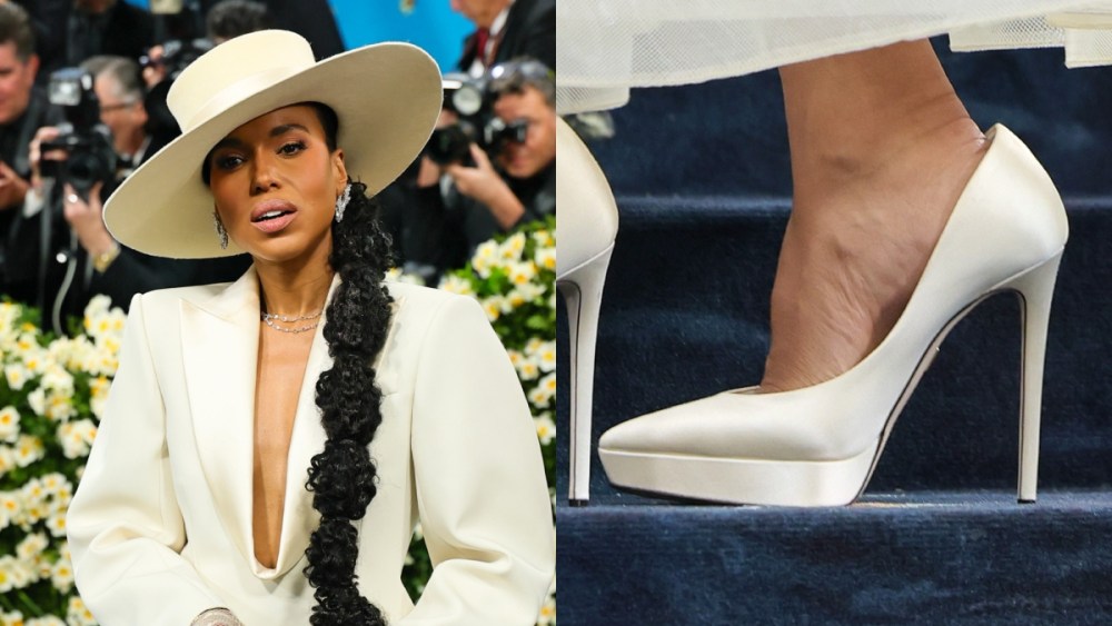 Kerry Washington, pumps, platform, satin, ivory, Simkhai, Met Gala 2025, red carpet, New York, monochrome