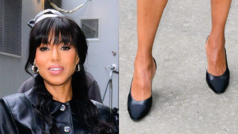 Kerry Washington, "Good Morning America," slingback, capped toe, block heel, leather dress, talk show, "Shadow Force"