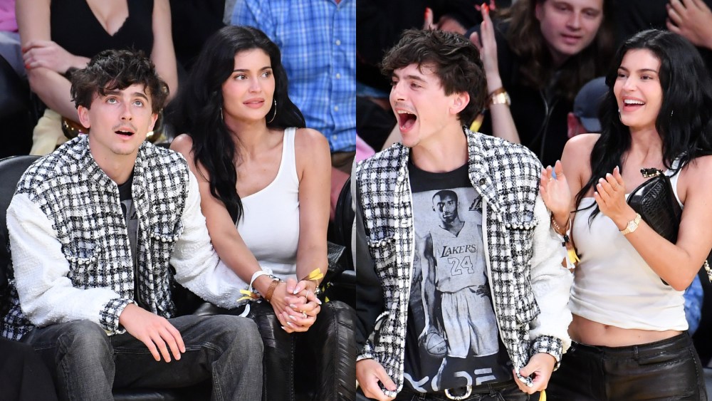 Timothee Chalamet and Kylie Jenner attend a basketball game between the Los Angeles Lakers and the Minnesota Timberwolves at Crypto.com Arena on April 30, 2025 in Los Angeles, California.