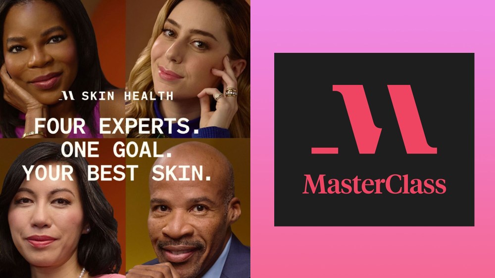 four skin health experts in a photo collage by masterclass; masterclass logo over gradient background of pink and purple