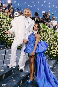 Jonathan Owens, Simone Biles at The 2025 Met Gala Celebrating "Superfine: Tailoring Black Style" held at The Metropolitan Museum of Art on May 05, 2025 in New York, New York. (Photo by Lexie Moreland/WWD via Getty Images)