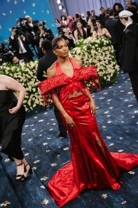 Gabby Thomas at The 2025 Met Gala Celebrating "Superfine: Tailoring Black Style" held at The Metropolitan Museum of Art on May 05, 2025 in New York, New York. (Photo by Lexie Moreland/WWD via Getty Images)