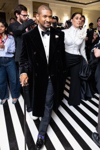 Usher, Jennifer Goicoechea at The Mark Hotel before the 2025 Met Gala: "Superfine: Tailoring Black Style" held at the Metropolitan Museum of Art on May 5, 2025 in New York, New York.