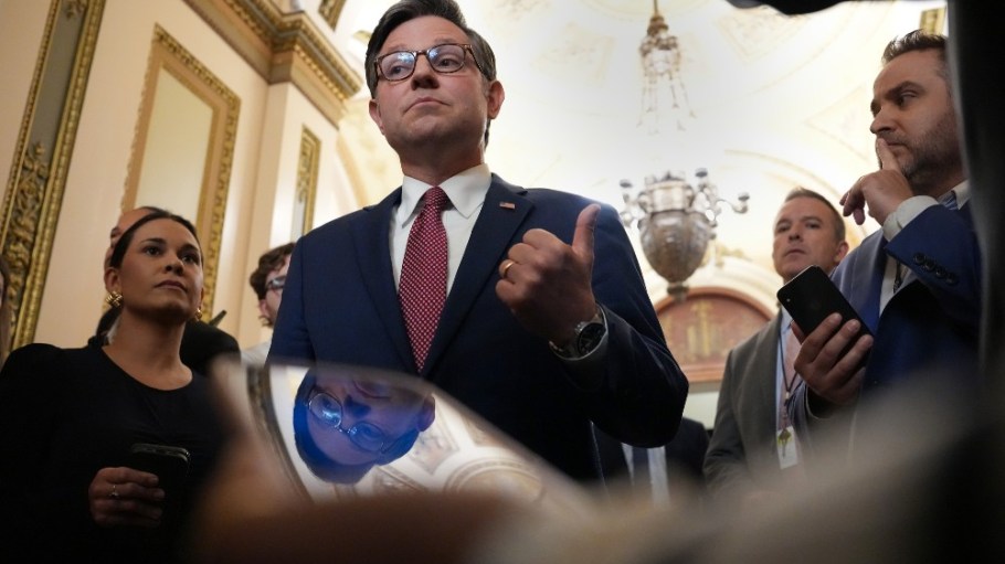 U.S. Speaker Mike Johnson speaks to reporters as he leaves the House Chamber at the U.S. Capitol on May 15. Despite disagreements within his own party, Speaker Johnson said he plans to bring the House Republican budget bill to the floor next week for a vote.