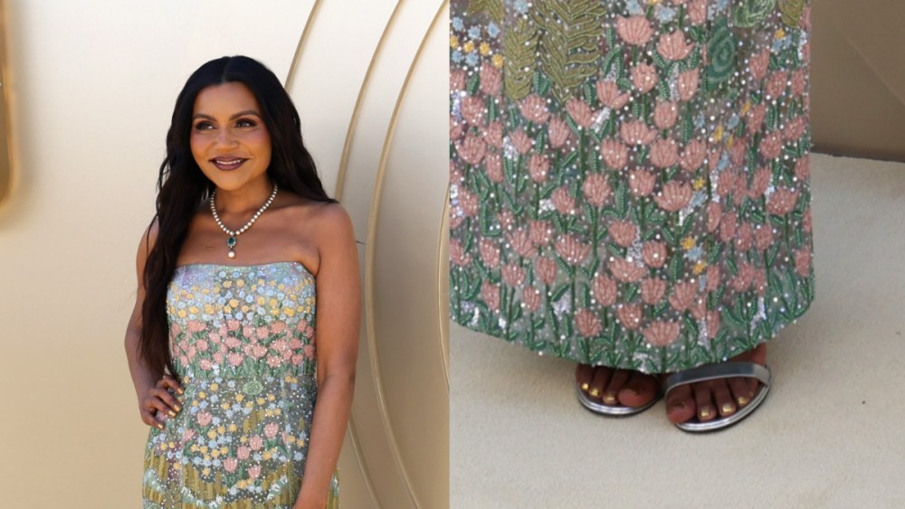 Mindy Kaling, Gold Gala 2025, silver sandals, leather, floral, beaded, maxi dress, jewlery