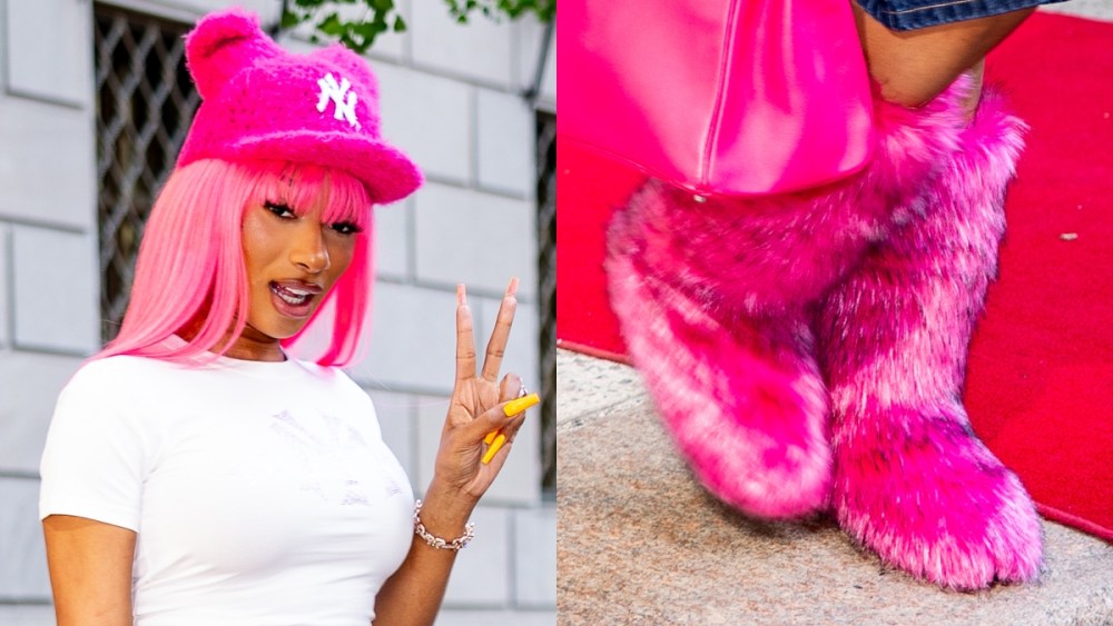 Megan Thee Stallion, faux-fur, boots, neon pink, Yankees, jorts, denim, cropped top, New York