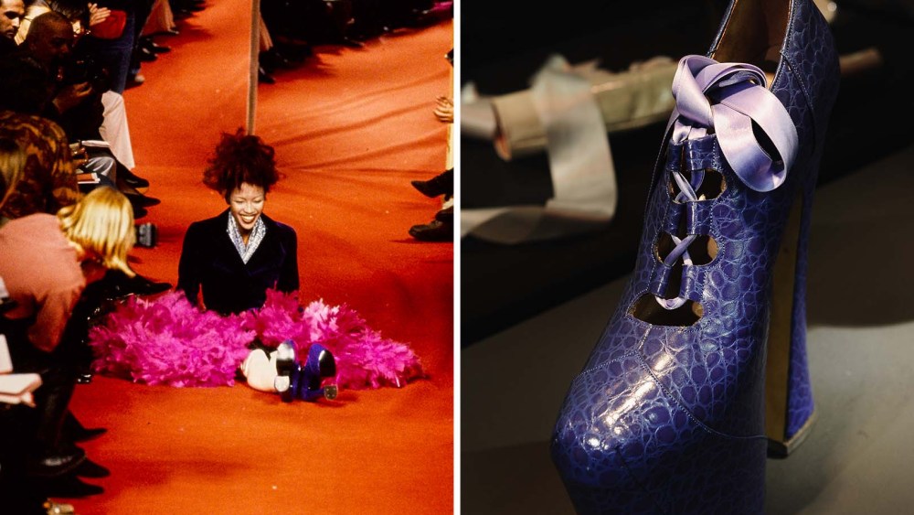 Side-by-side image of Naomi Campbell’s 1993 runway fall at Vivienne Westwood’s show and a close-up of the Super-Elevated Gillie heels she was wearing, featuring five-inch soles and nine-inch stilettos.