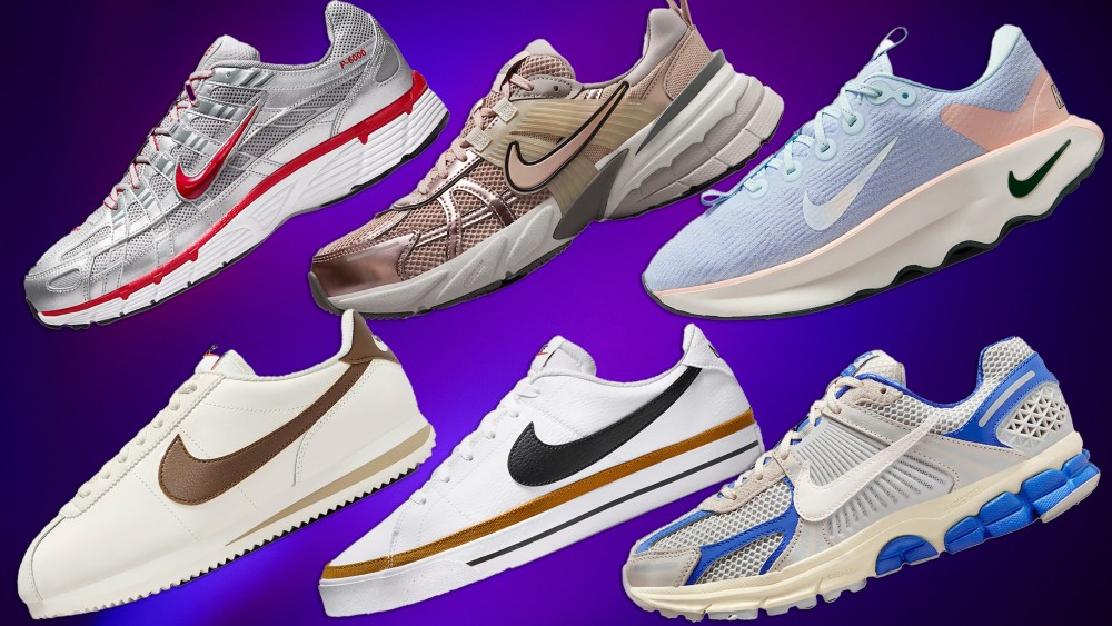 six various nike styles over a deep purple, gradient background