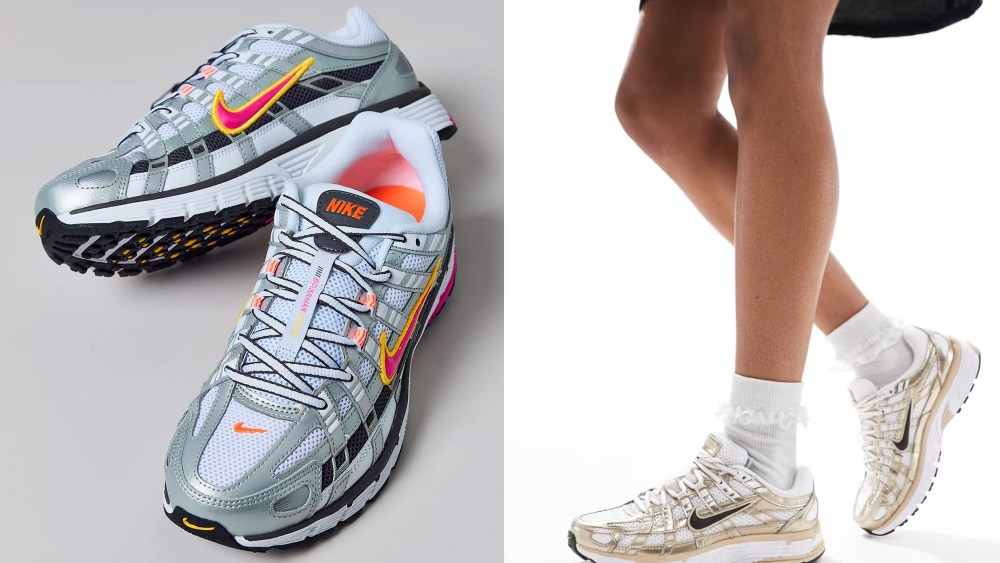 pair of nike p-6000 sneakers with metallic and colorful touches; model wearing ruffled white socks paired with white p-6000 sneakers from nike