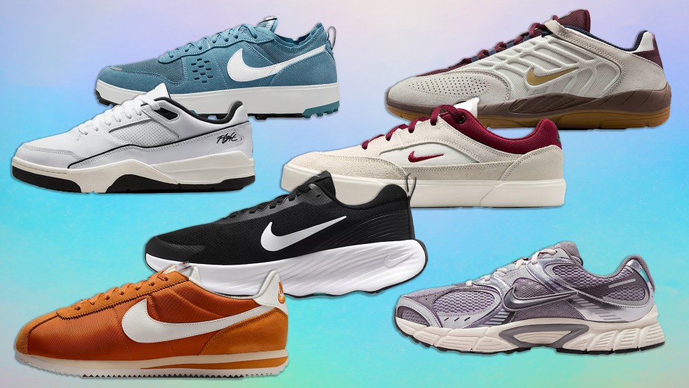 seven different nike shoes of various styles over a gradient background