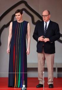 MONTE-CARLO, MONACO - MAY 28: Prince Albert of Monaco and Princess Charlene of Monaco are seen on the podium during the F1 Grand Prix of Monaco at Circuit de Monaco on May 28, 2023 in Monte-Carlo, Monaco. (Photo by Ryan Pierse/Getty Images)