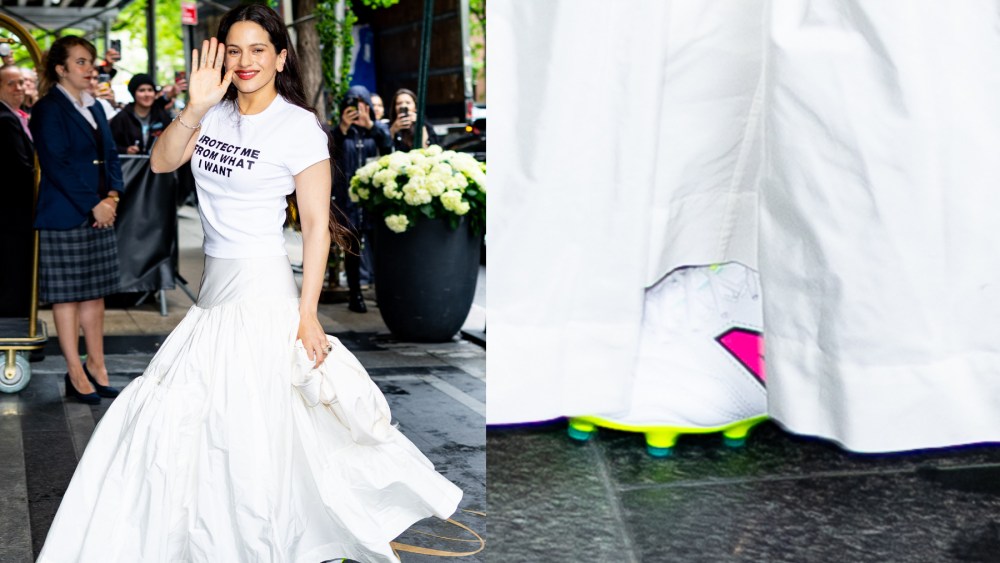Rosalía is seen on the Upper East Side on May 04, 2025 in New York City, soccer cleats, boots only summer trend