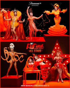 (L-R): Deja Skye, Phoenix, Irene the Alien, Olivia, Bosco and Aja in RuPaul’s Drag Race All Stars Season 10 streaming on Paramount+ 2025. Photo credit: Xavier Guerra/World of Wonder/Paramount+