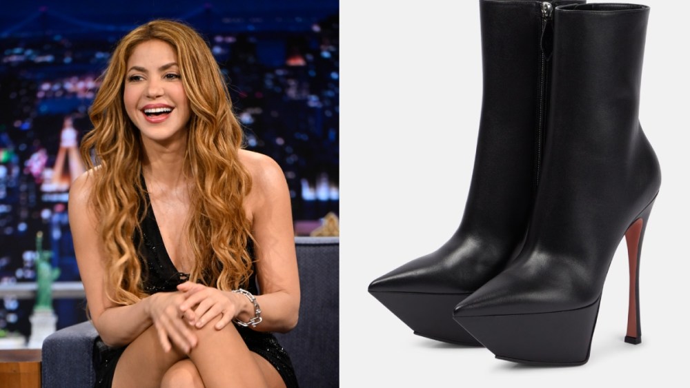Shakira, Yigit, Amina Muaddi, platform boots, "The Tonight Show," stiletto, designer, little black dress, pointed toes, leather