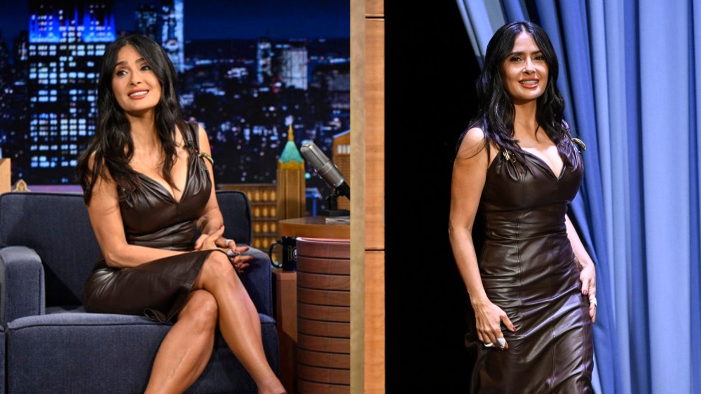 THE TONIGHT SHOW STARRING JIMMY FALLON -- Episode 2135 -- Pictured: Actress Salma Hayek Pinault arrives on Wednesday, May 14, 2025 -- (Photo by: Todd Owyoung/NBC via Getty Images)