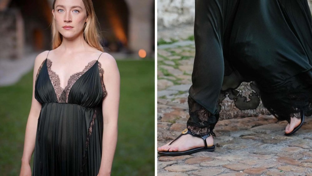 Saoirse Ronan at the Louis Vuitton Cruise 2026 photocall in a lingerie-inspired dress and black t-strap sandals