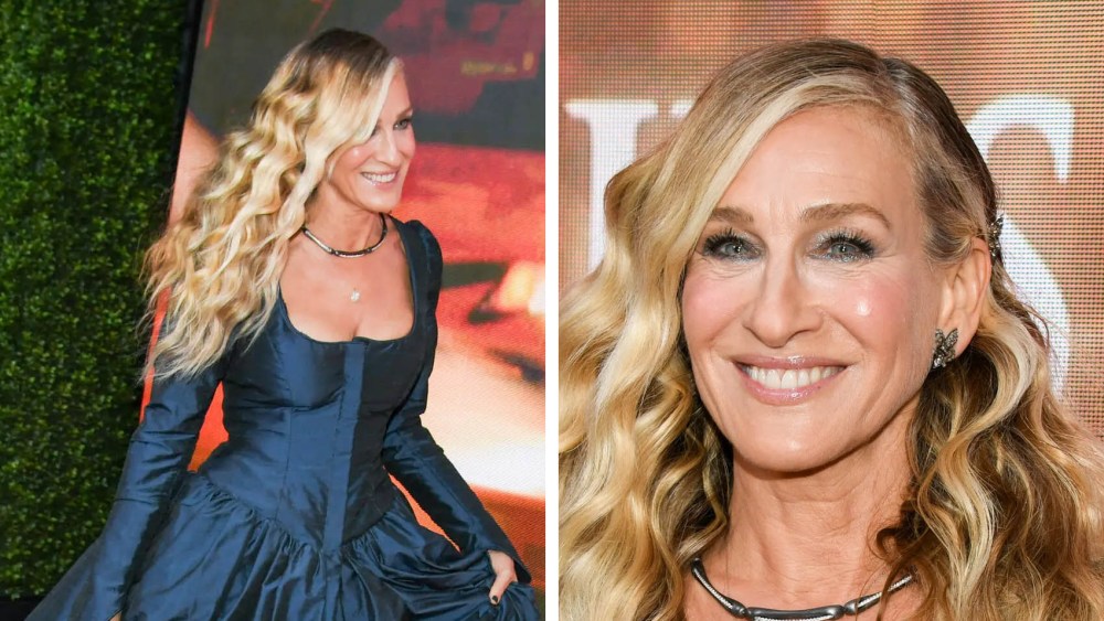 Sarah Jessica Parker channeling y2k 2000s hair trends with slicked hair and mermaid waves, sported a side part at the photo call for Max "And Just Like That..." Season 3 held on May 21.