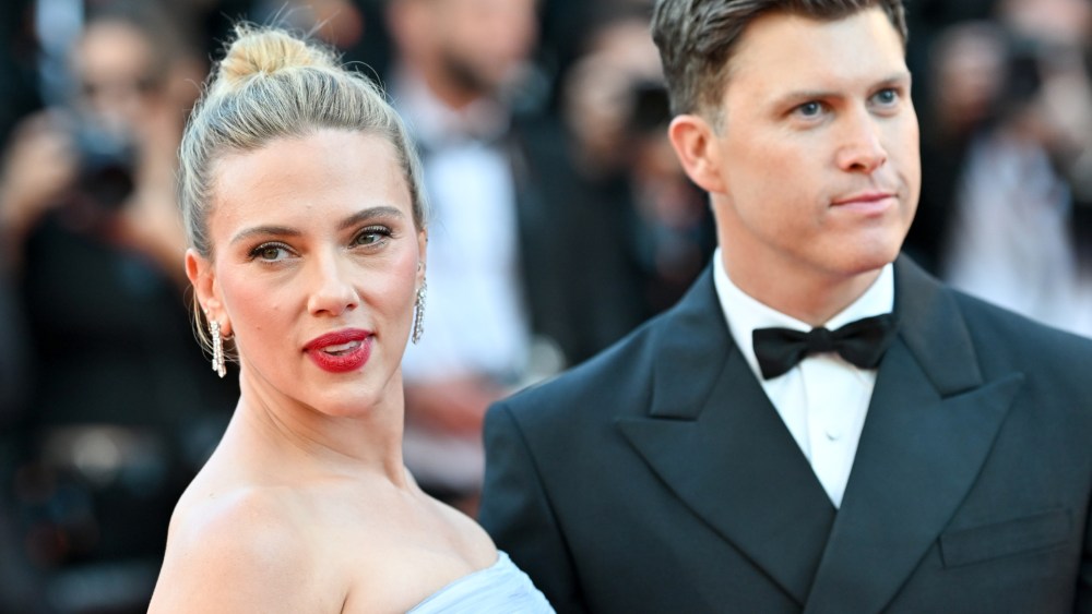 US actor Colin Jost and US actress and director Scarlett Johansson arrive for the screening of the film "Eleanor the Great" at the 78th edition of the Cannes Film Festival in Cannes, southern France, on May 20, 2025. (Photo by Bertrand GUAY / AFP) (Photo by BERTRAND GUAY/AFP via Getty Images)