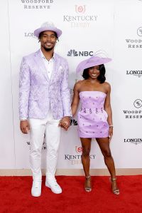 LOUISVILLE, KENTUCKY - MAY 03: (L-R) Jonathan Owens and  Simone Biles attend Kentucky Derby 151 at Churchill Downs on May 03, 2025 in Louisville, Kentucky. (Photo by Jeff Schear/Getty Images for Churchill Downs)