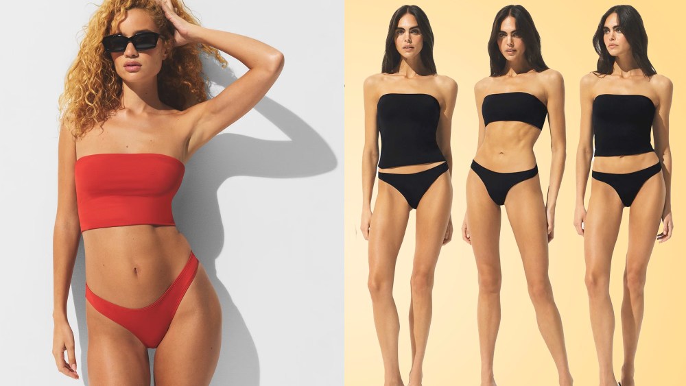 model showing off skims' new convertible bikini top in red; three versions of one model styling the top in black
