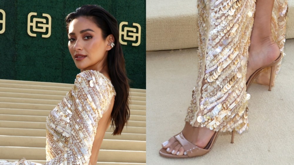 Shay Mitchell, patent leather mules, gown, sequin, tan, red carpet, Gold Gala 2025, Los Angeles, backless, stiletto