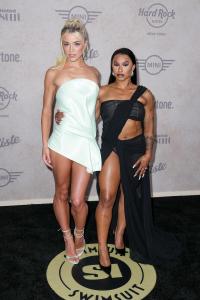 Livvy Dunne, Jordan Chiles at the Sports Illustrated Swimsuit Issue launch party held at the Hard Rock Times Square on May 15, 2025 in New York, New York.