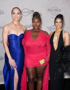 Jasmine Sanders, Achieng Agutu, Nazanin Mandi at the Sports Illustrated Swimsuit Issue launch party held at the Hard Rock Times Square on May 15, 2025 in New York, New York.
