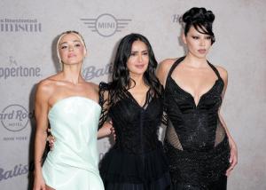 Livvy Dunne, Salma Hayek, Lauren Chan at the Sports Illustrated Swimsuit Issue launch party held at the Hard Rock Times Square on May 15, 2025 in New York, New York.