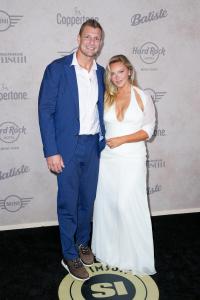 Rob Gronkowski, Camille Kostek at the Sports Illustrated Swimsuit Issue launch party held at the Hard Rock Times Square on May 15, 2025 in New York, New York.