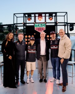 Naomi Schiff, Christian Horner, Yuki Tsunoda, Albert of Monaco, Max Verstappen and Antoine Pin