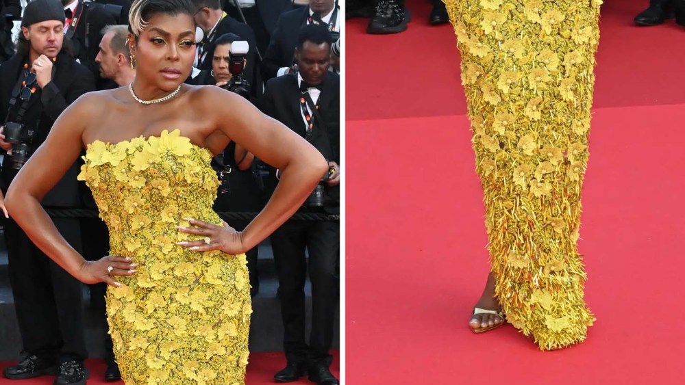 Taraji P. Henson in custom Oscar de la Renta gown and Giusppe Zanotti gold heeled sandals