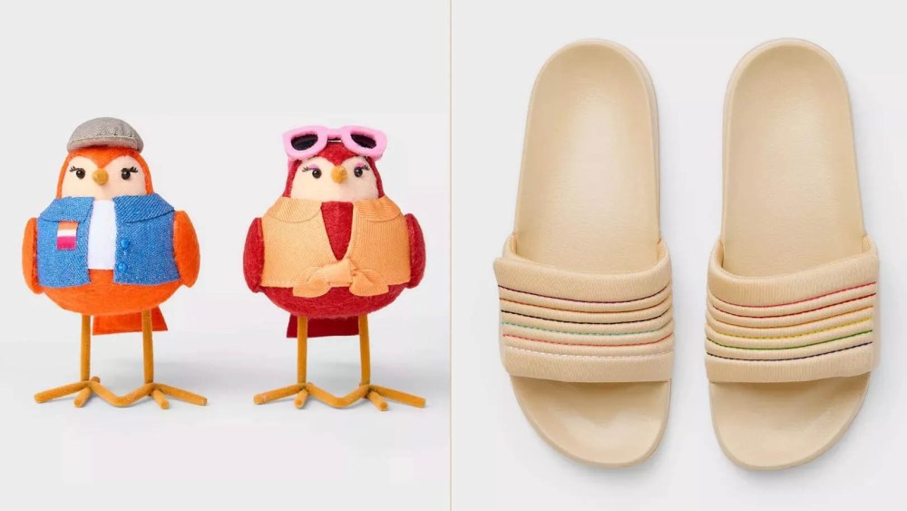The Gal & Pal Featherly Friends part of Target's 2025 Pride Collection and an 'Out Loud & Proud' beige crew neck sweater, lgtbq pride month, brands donating to charity