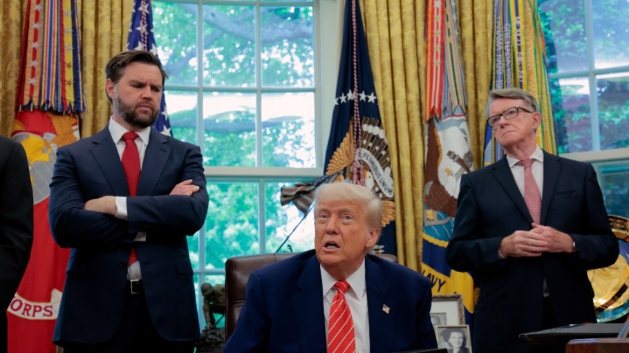 President Donald Trump and Vice President J.D. Vance and Peter Mandelson, British Ambassador to the United States, on Thursday.